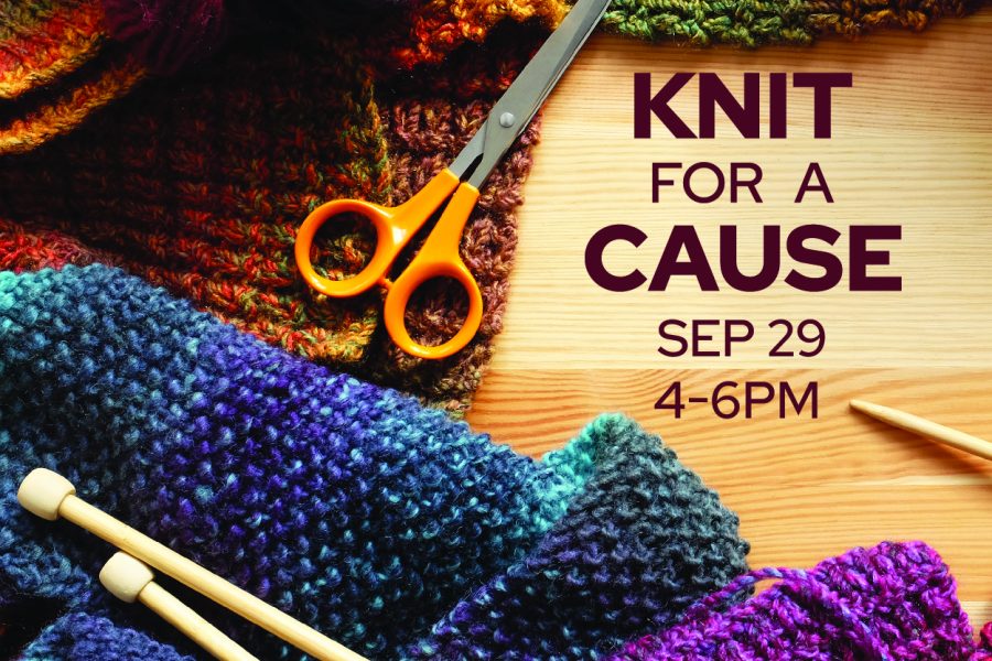 Bright knitted scarves, along with scissors and knitting needles frame a table top with the text Knit for a Cause Sep 29 4-6 pm on the middle right side of the square photo