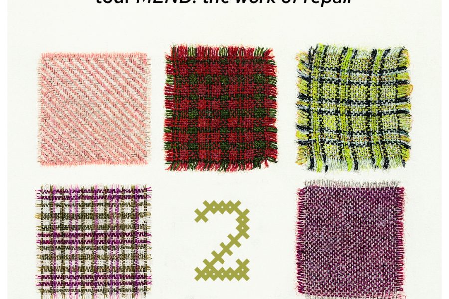 10 colorful squares of fabric surround the number 2 with the words James Watrous Gallery @ 12:30pm tour MEND: the work of repair at the top of the image
