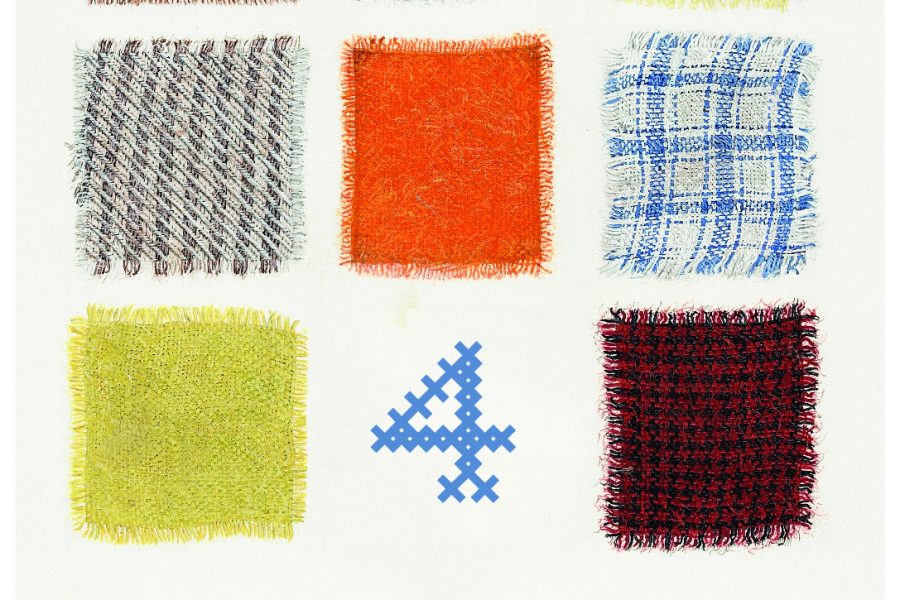 10 colorful squares of fabric surround the number 4 with the words Nancy Nicholas Hall mending workshop @ 3pm at the bottom of the image.