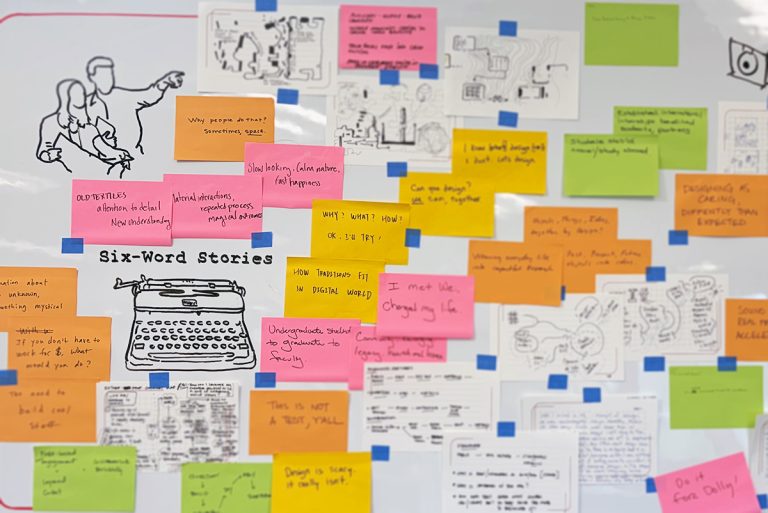 Photo of several sticky notes stuck to a whiteboard with drawings and phrases written on the board and notes