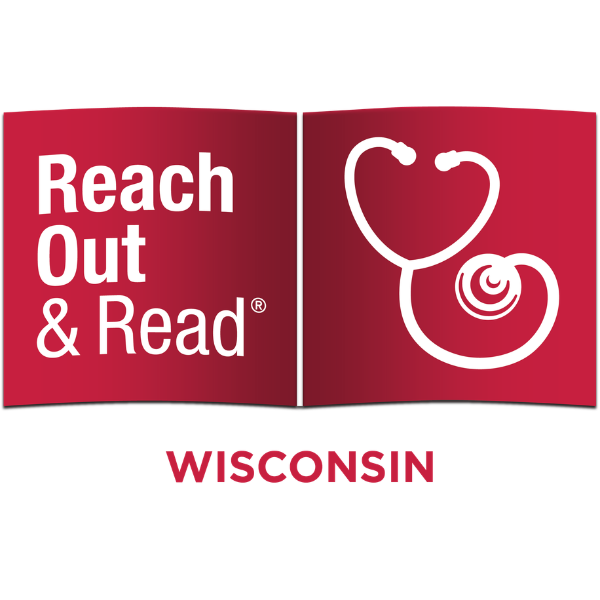 Graphic depicting an open book in all red with one side that has white text that reads "Reach out & read." The other side of the book has a white stethoscope with the ear pieces being in the shape of a heart. Below the open book graphic is red text that reads "Wisconsin."