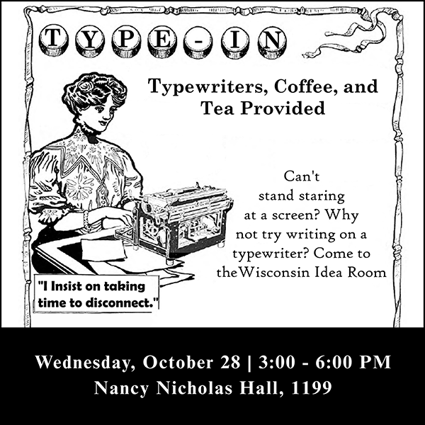Graphic showing a victorian woman typing at a typewriter with black text around the image.
